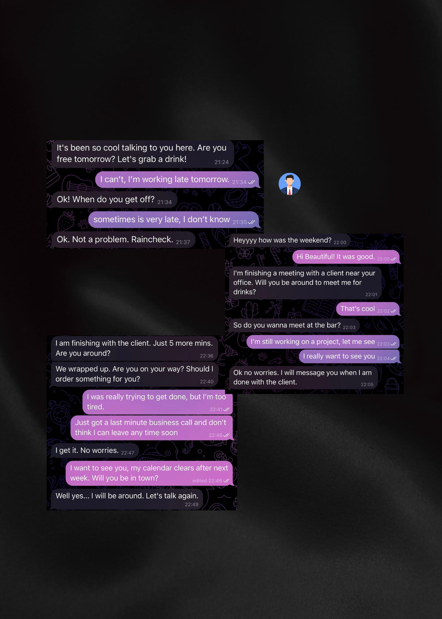 Man Archetype C: The career ghoster. Calls you beautiful, never confirms a time, disappears for nine days. the high-achiever woman over 40 text message exchange with man archetype ghoster